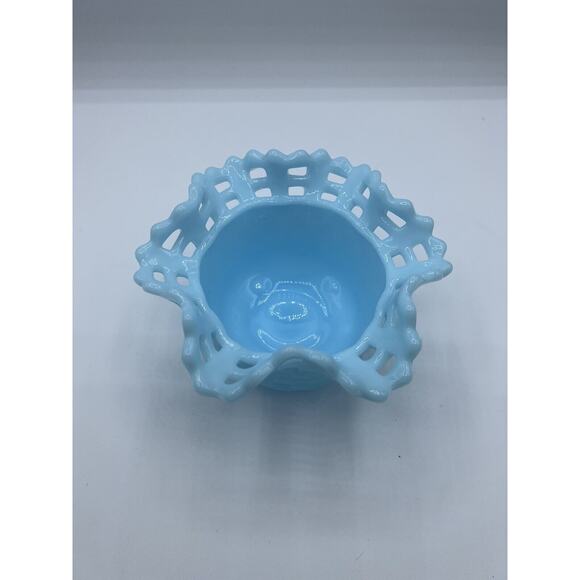 Fenton Blue Satin Basket Weave Bowl Vase Candy Dish Reticulated 1970’s Vintage - Picture 2 of 3